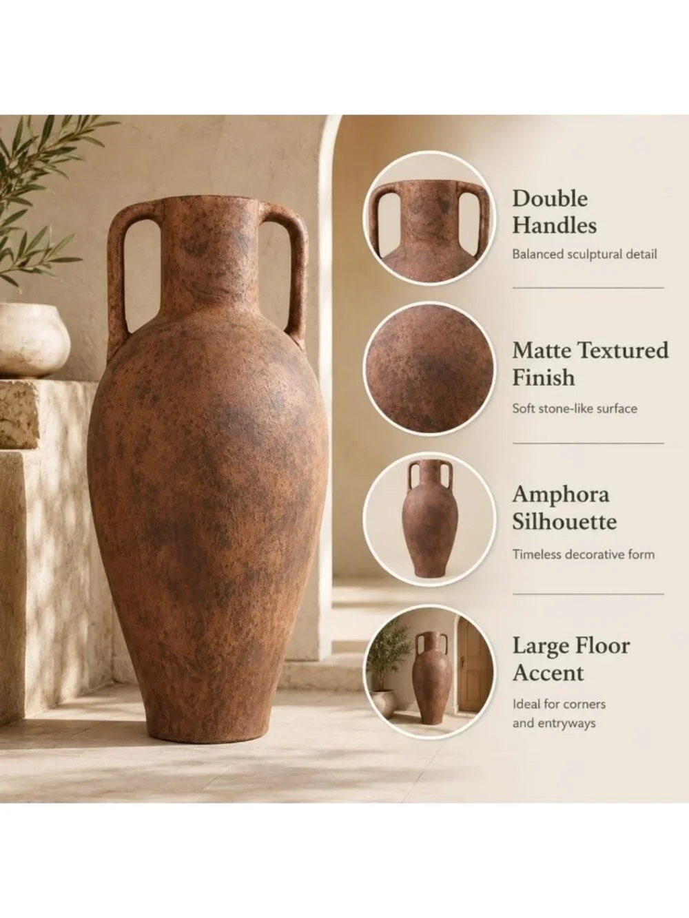 Vintage 20.5in Ceramic Floor Vase with Handles - Elegant Home Decor Accent